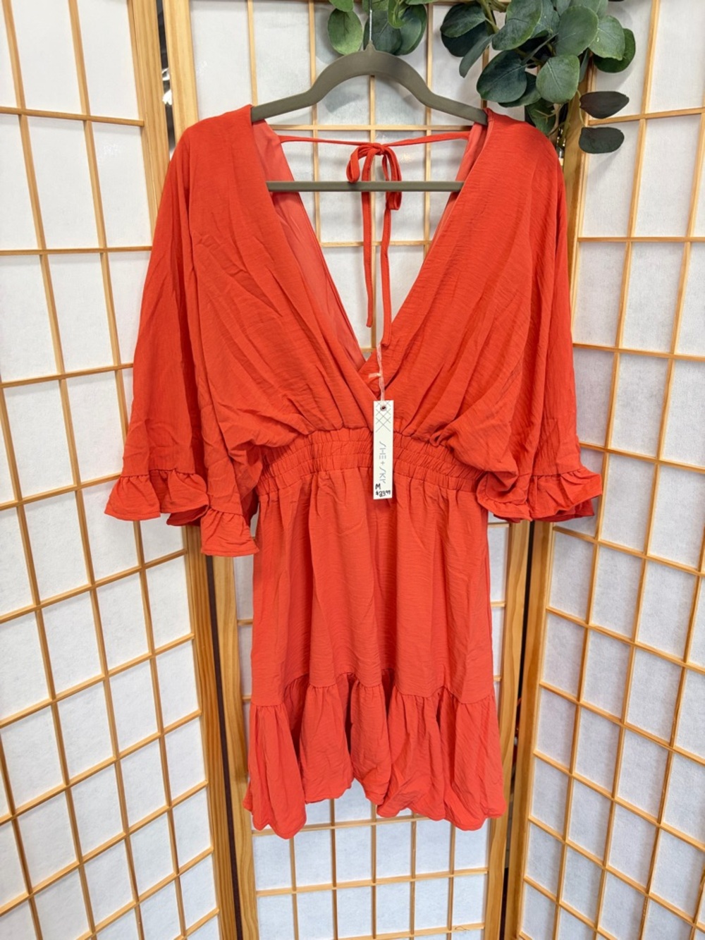 She and Sky Red-Orange Ruffle V-Neck Mini Dress